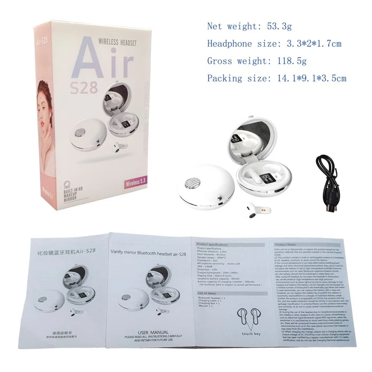 HXSJ S28 Wireless Headset for Girls TWS Earbuds with Make-up Mirror, LED Display, Bluetooth-compatible V5.3 Earphones for Travel Workout Running - White