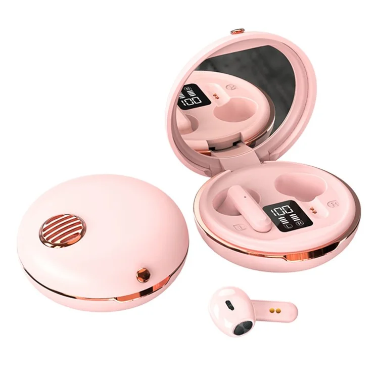 HXSJ S28 Wireless Headset for Girls TWS Earbuds with Make-up Mirror, LED Display, Bluetooth-compatible V5.3 Earphones for Travel Workout Running - Pink