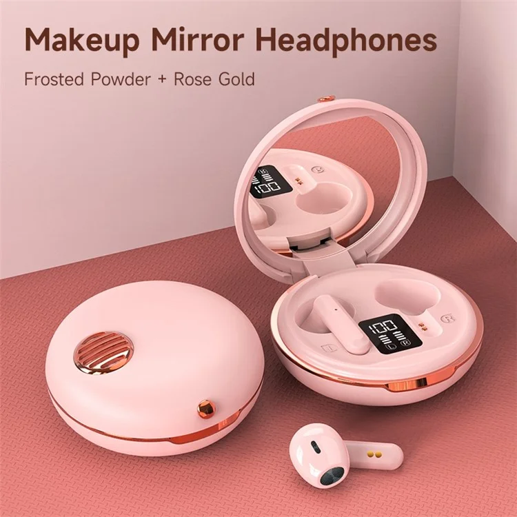 HXSJ S28 Wireless Headset for Girls TWS Earbuds with Make-up Mirror, LED Display, Bluetooth-compatible V5.3 Earphones for Travel Workout Running - Pink