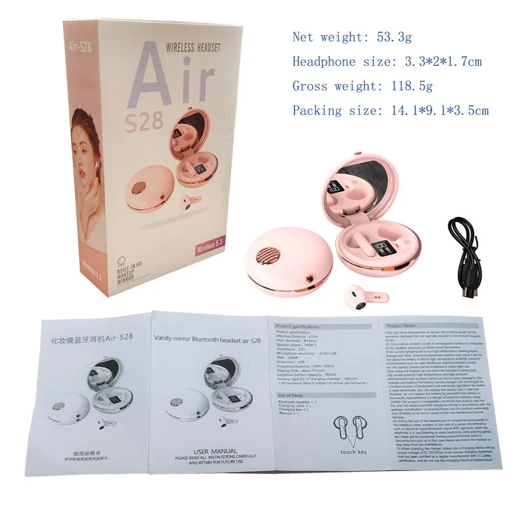 HXSJ S28 Wireless Headset for Girls TWS Earbuds with Make-up Mirror, LED Display, Bluetooth-compatible V5.3 Earphones for Travel Workout Running - Pink