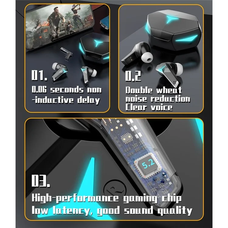 T33 TWS Bluetooth-compatible Earbuds In-Ear Low Latency Gaming Headset Noise Reduction Earphones with 310mAh Charging Case