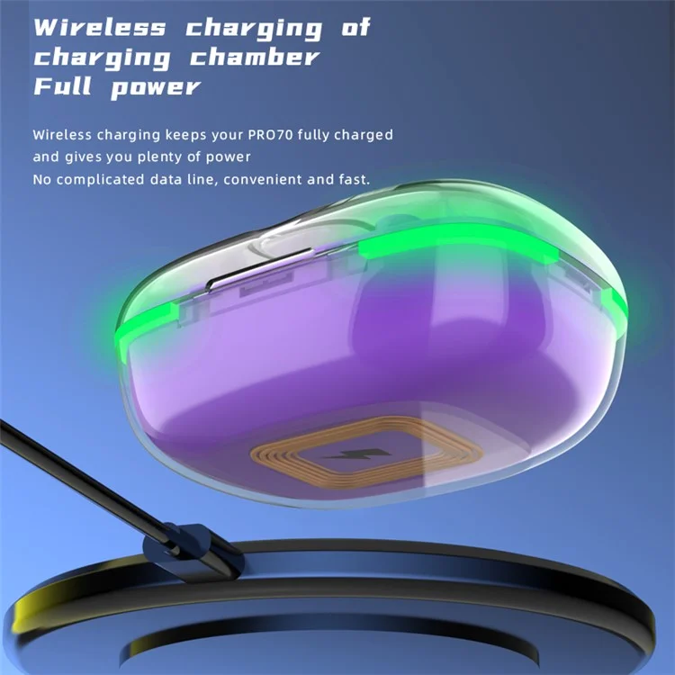 PRO70 TWS Bluetooth-Ohrhörer, wasserdicht, Stereomusik, Anrufe, kabellose Kopfhörer mit Atemlichtern