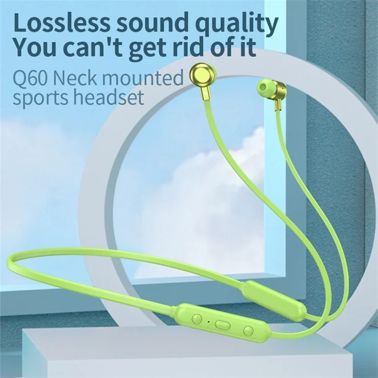 Q60 Bandada de Pescoço Sem Fio Fone de Ouvido Bluetooth Pendurado Esportes Ergonômicos Fone de Ouvido de 360 ​​graus HiFi Fone de Ouvido de Som - Verde Fluorescente