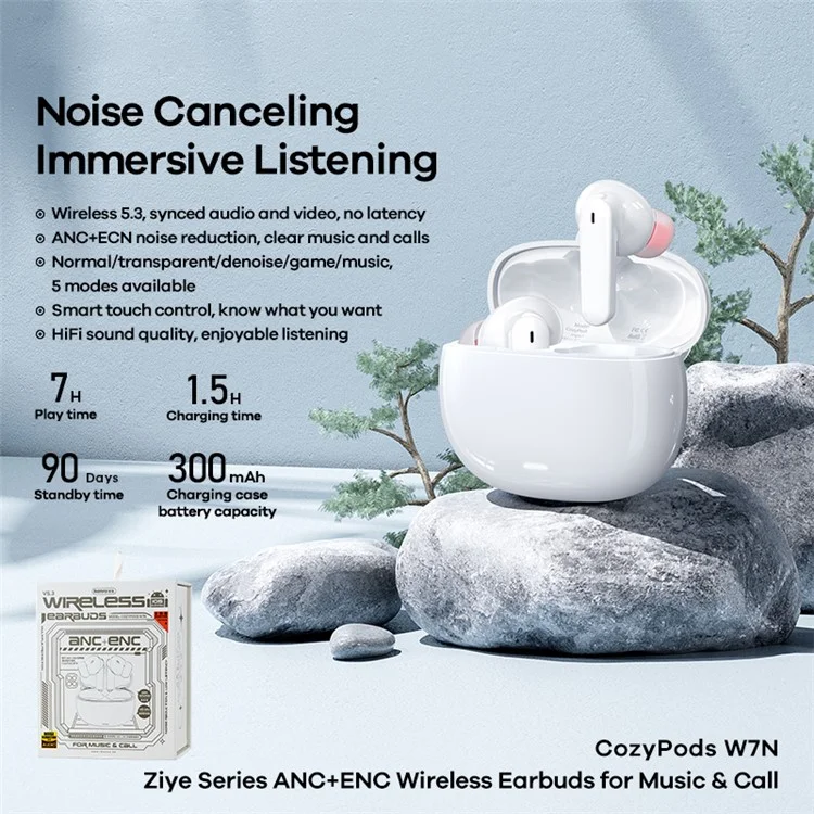 REMAX CozyPods W7N ANC+ENC Noise Reduction Earphones No Latency Wireless Bluetooth-compatible 5.3 Earbuds - White