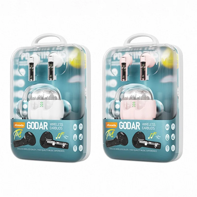 AZEADA BT119 TWS Wireless Headset Portable Bluetooth-compatible Earbuds Transparent Headphone with Charging Case - Pink