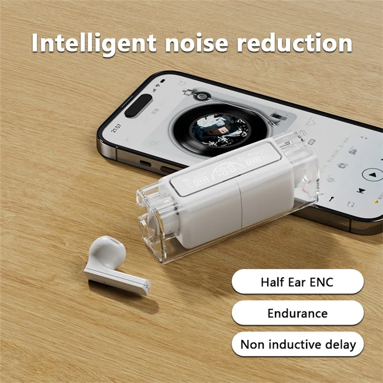 LB-83 TWS Wireless Earbuds Bluetooth-compatible 5.3 Headphone HiFi Stereo Noise Canceling Earphone with Digital Display and Transparent Charging Case - White