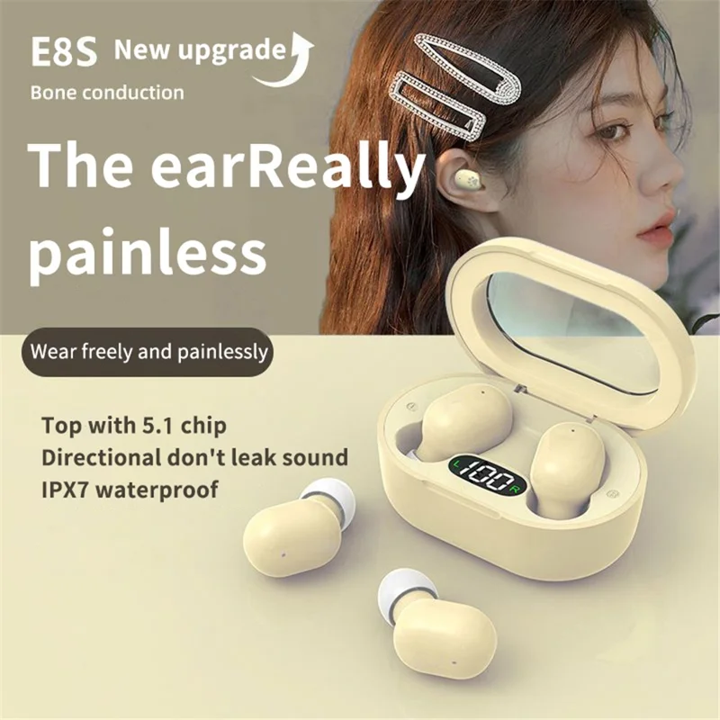 E8S Mini TWS Bluetooth-compatible Earphone Digital Display HiFi Stereo Wireless Touch In-ear Headset - White