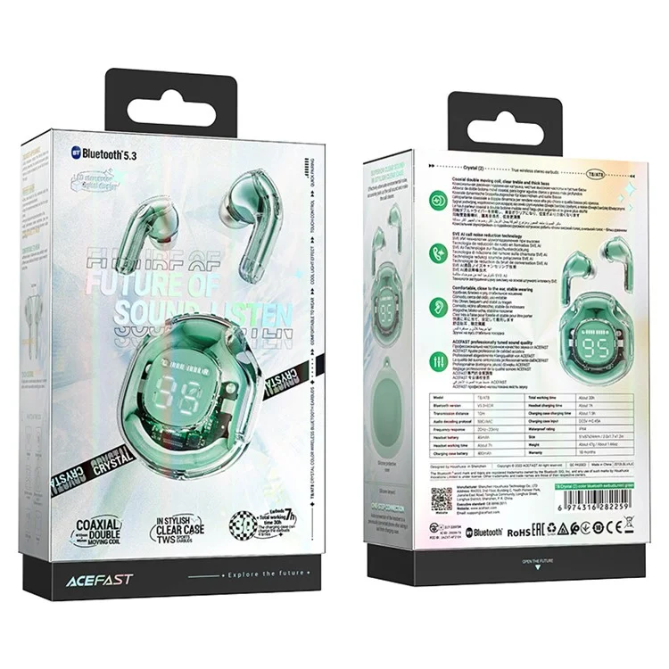ACEFAST T8 / AT8 Crystal (2) Color Bluetooth-compatible Earbuds Lightweight Wireless Headset for Work - Green