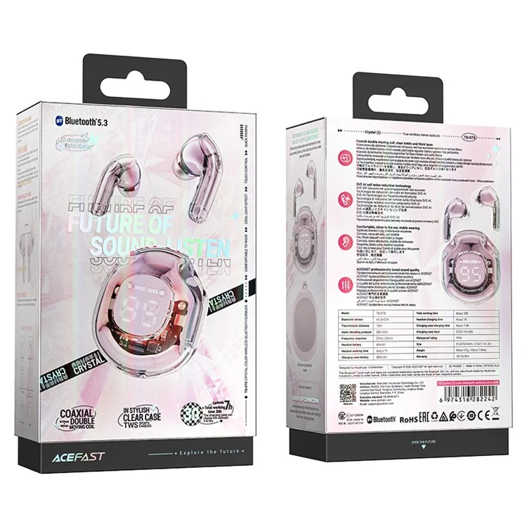 ACEFAST T8 / AT8 Crystal (2) Color Bluetooth Earbuds Lightweight Wireless Headset for Work - Pink