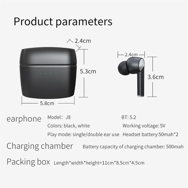 J8 Bluetooth-compatible Headphones with Indicator Light Portable TWS Earbuds Noise Reduction Wireless Headset - Black