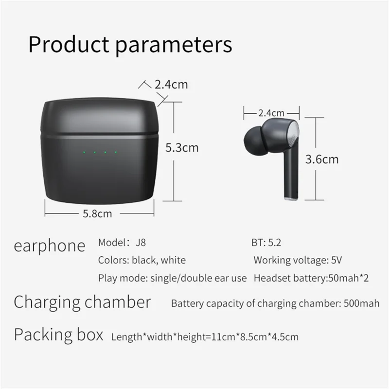 J8 Bluetooth-compatible Headphones with Indicator Light Portable TWS Earbuds Noise Reduction Wireless Headset - White