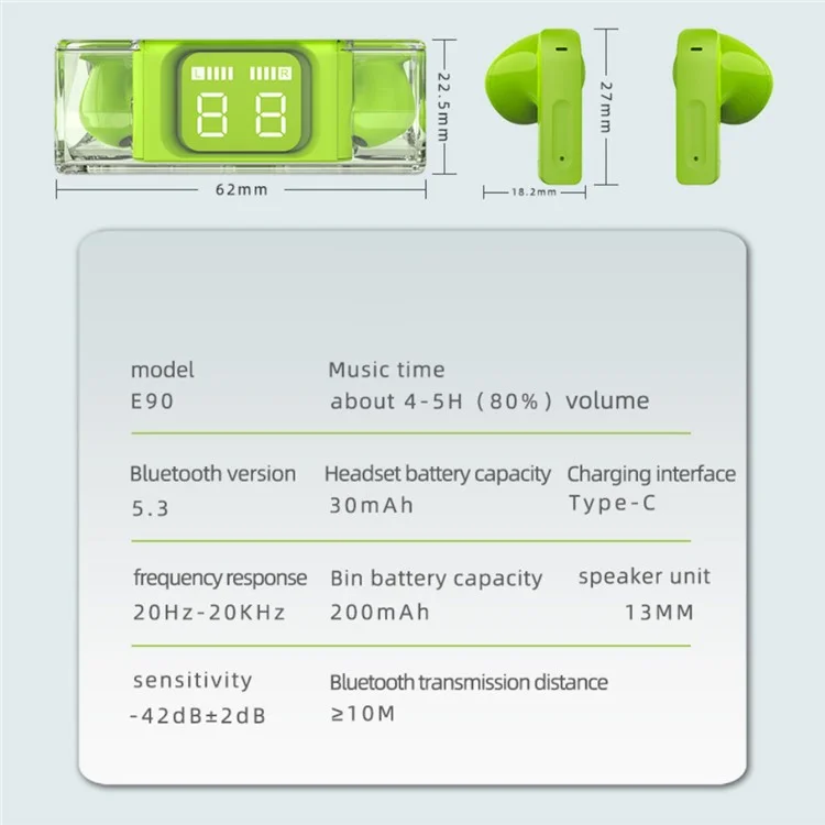 E90 Transparent Design TWS Wireless Bluetooth 5.3 Earphone Digital Display Stereo Music Touch Headset - Roxo