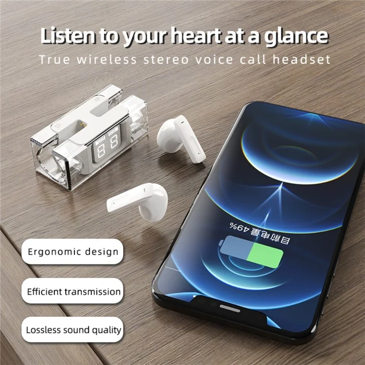 E90 Transparent Design TWS Wireless Bluetooth 5.3 Earphone Digital Display Stereo Music Touch Headset - Roxo