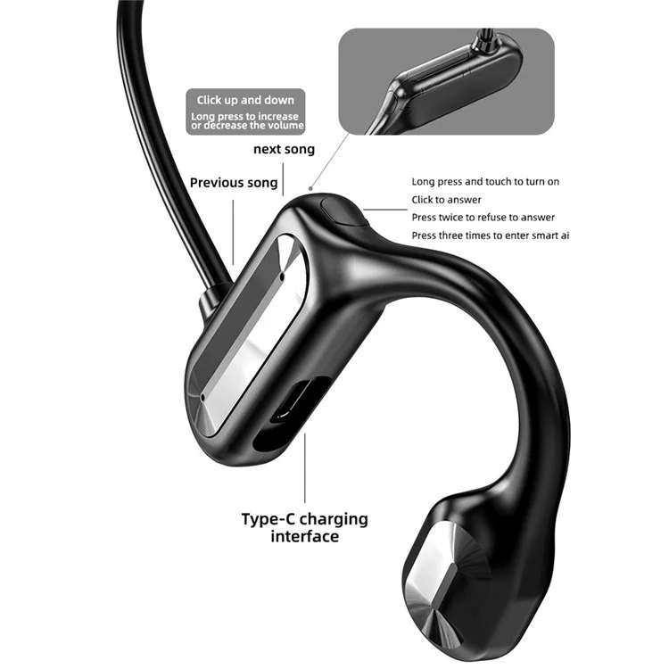 BL09 Bone Conduction Wireless Bluetooth 5.2 Headphone Type-C Ear-Hook Sports Sweatproof Headset Earphone - Black