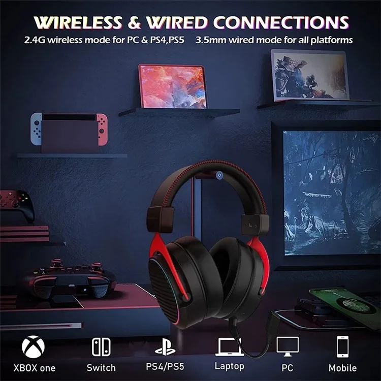 HEADROOM X2PRO 2.4G Wireless Headset 7.1 Sound Gaming Headphone Bluetooth Earphone with RGB Light