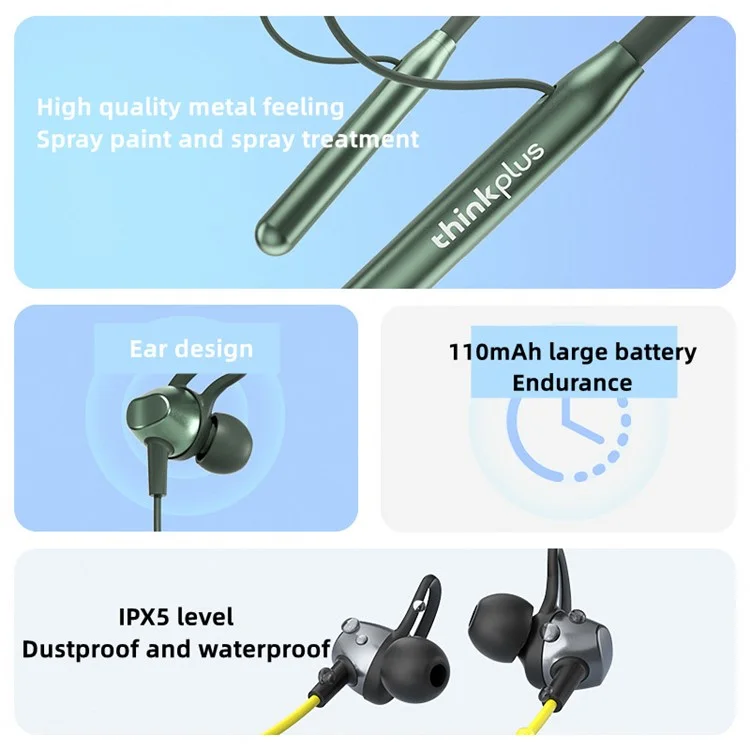 Lenovo Thinkplus BT10 Ear Fone de Ouvido de Pescoço Bluetooth 5.3 Fone de Som Estéreo Esportivo de Fone de Som do Fone de Ouco Pendurado no Pescoço - Preto / Verde