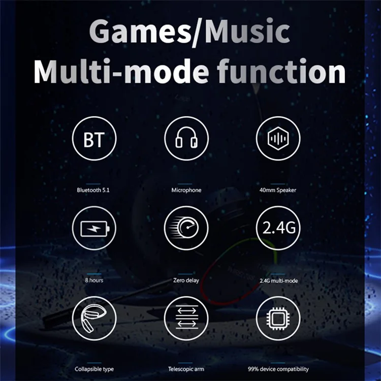 L800 2.4G Беспроводные / Bluetooth 5.1 Наушники с оголовьем LED Light Low Latency E-sports Gaming Headphone - Хаки