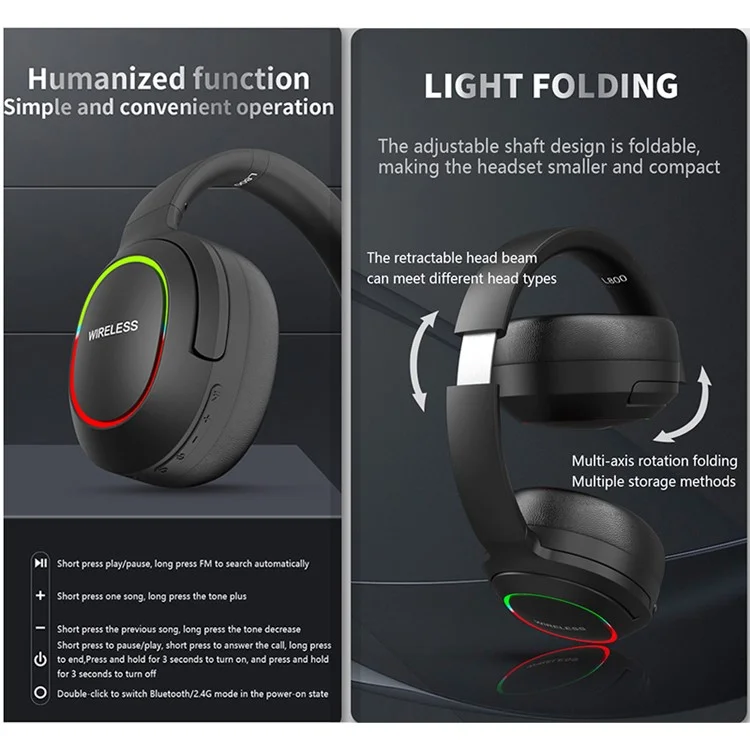 L800 2.4G Беспроводные / Bluetooth 5.1 Наушники с оголовьем LED Light Low Latency E-sports Gaming Headphone - Хаки