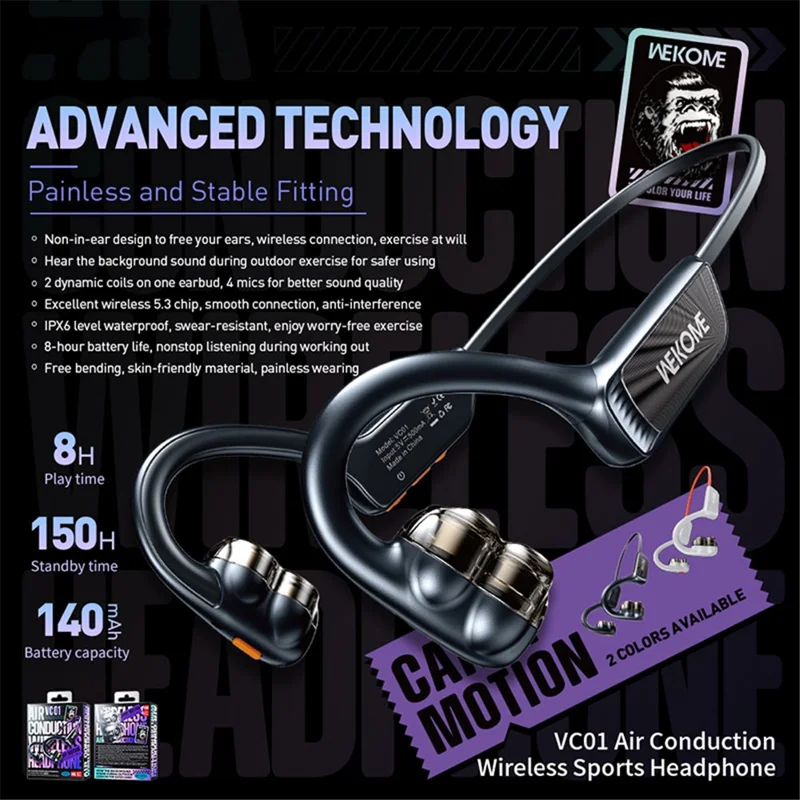 WEKOME VC01 Open Ear Headphone Wireless Bluetooth-compatible Air Conduction Earphone for Workout Running Gym Working Travel - Grey+Orange