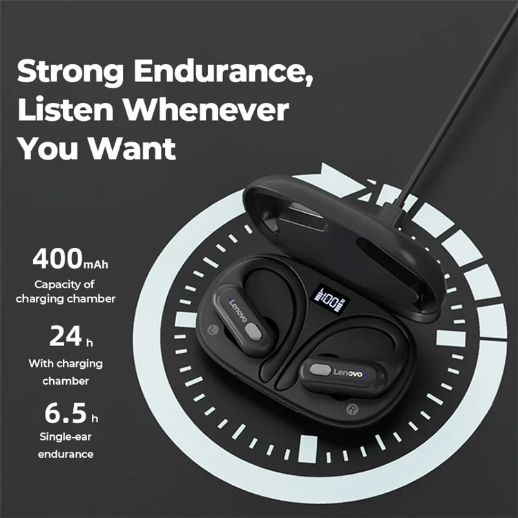 LENOVO Thinkplus XT60 Ear-Hook Sports Bluetooth Headset Noise Reduction Headphone with Digital Display - Black