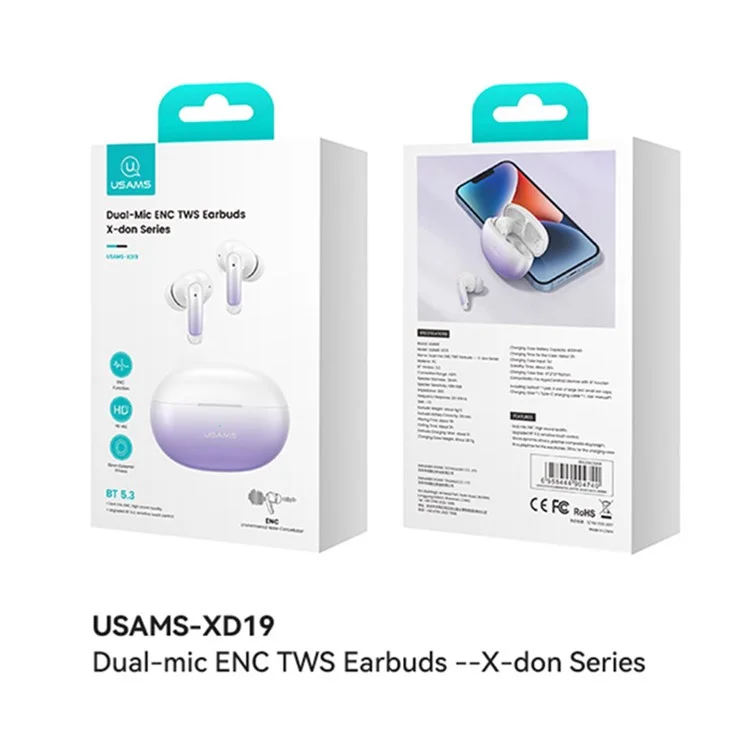 USAMS XD19 X-don Série Dual-micic ENC TWS Earbudos de Earbudos Sem Fio Bluetooth 5.3 Fone de Ouvido na Orelha - Branco