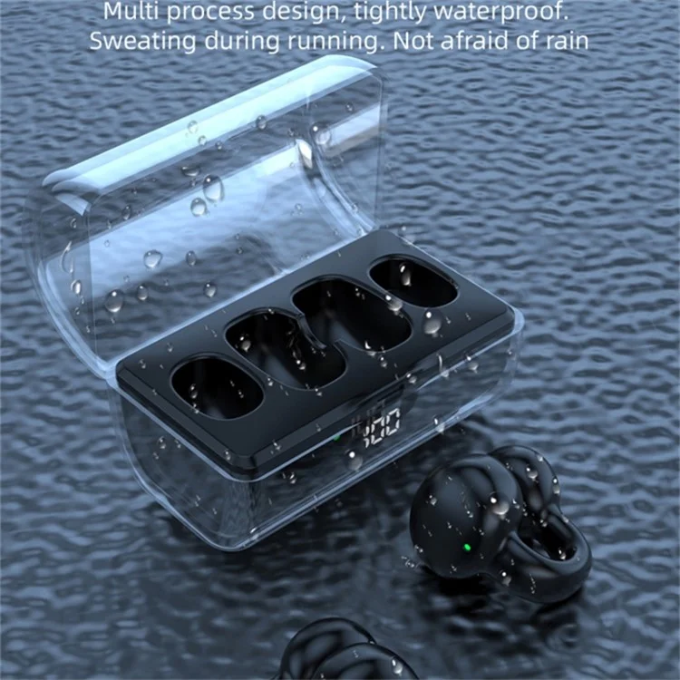FK8 Bone Conduction Bluetooth-compatible Earphones Ear Clip Headphones with Digital Display Charging Case - Black