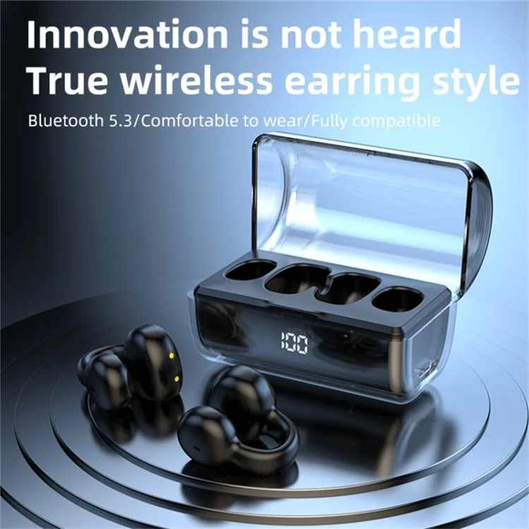 FK8 Bone Conduction Bluetooth-compatible Earphones Ear Clip Headphones with Digital Display Charging Case - Black