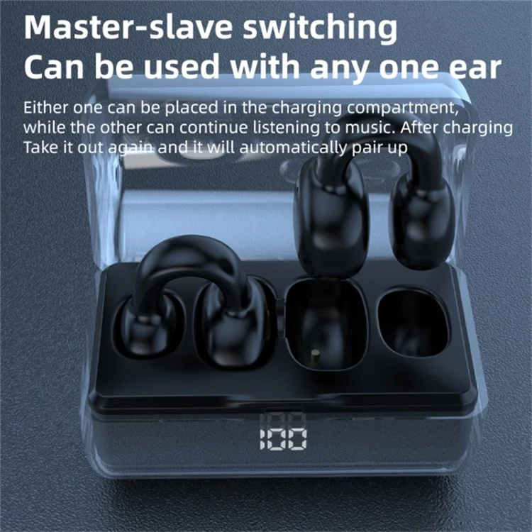 FK8 Bone Conduction Bluetooth-compatible Earphones Ear Clip Headphones with Digital Display Charging Case - Black