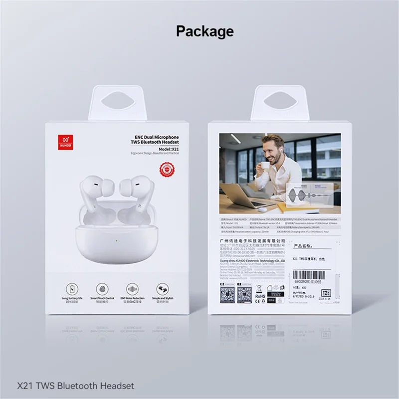 XUNDD X21 TWS Headphones V5.3 Bluetooth-compatible Earphones ENC Noise Reduction Wireless Earbuds - White