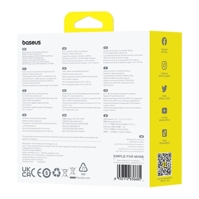 BASEUS Bowie E13 True Wireless Earphones Bluetooth-compatible 5.3 Headset Portable Low-Latency Headphones with 0.3m 3A Type-C Cable, White