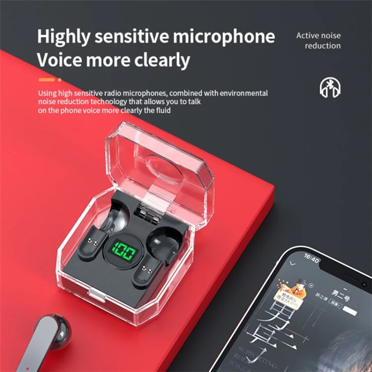 K30 Transparent Capsule Digital Touch Bluetooth-compatible Headset Half-In-Ear Wireless Earbuds with 200mAh Charging Case - Black