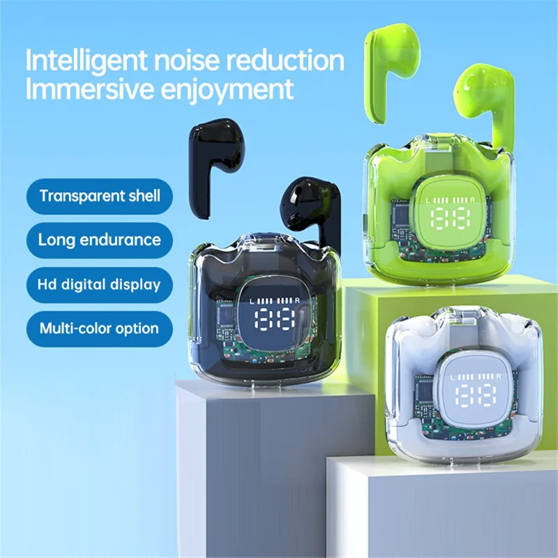 TM60 Digital Display Bluetooth-compatible Headset Transparent Half-In-Ear TWS Earbuds Low Latency Headphones - Pink