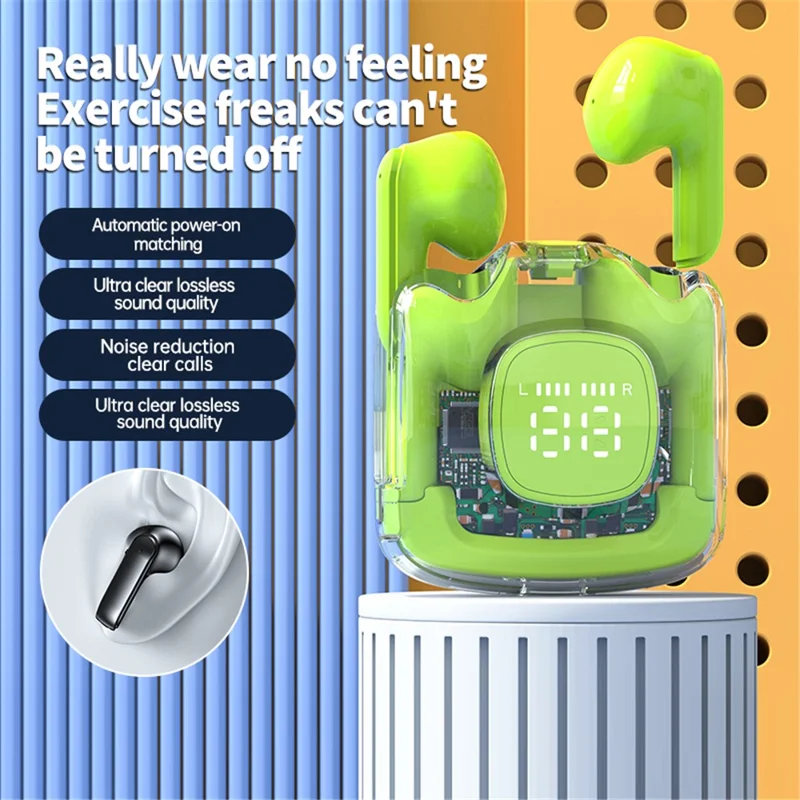 TM60 Digital Display Bluetooth-compatible Headset Transparent Half-In-Ear TWS Earbuds Low Latency Headphones - Pink