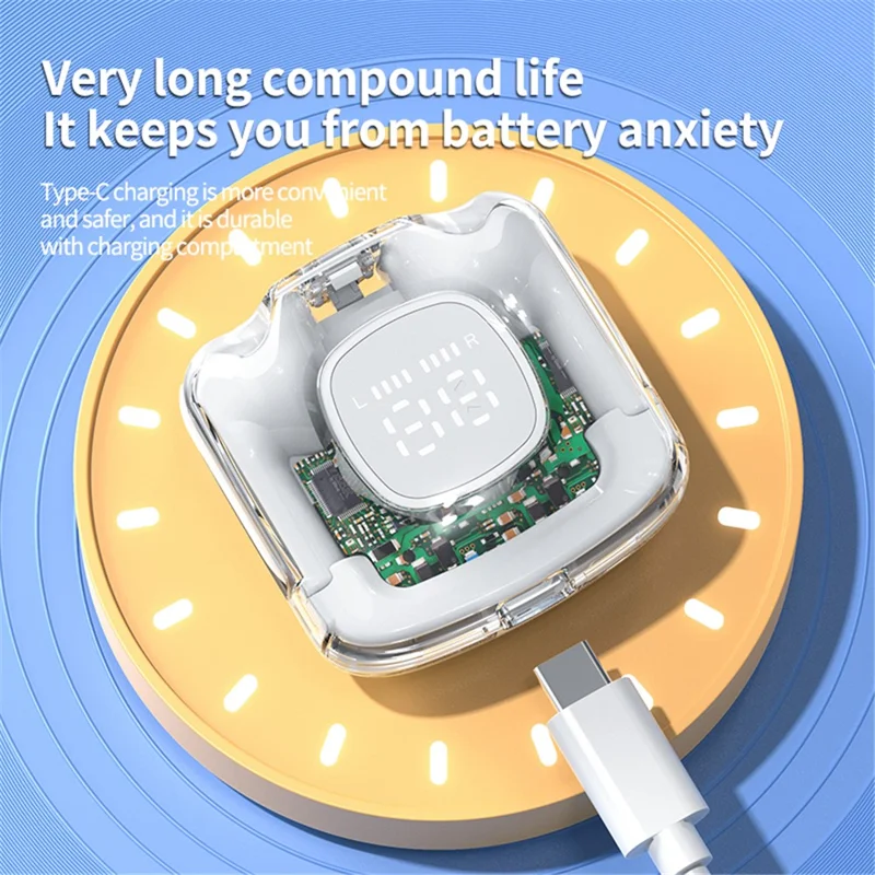 TM60 Digital Display Bluetooth-compatible Headset Transparent Half-In-Ear TWS Earbuds Low Latency Headphones - Pink