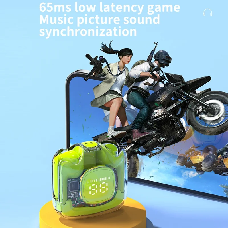 TM60 Digital Display Bluetooth-compatible Headset Transparent Half-In-Ear TWS Earbuds Low Latency Headphones - Pink