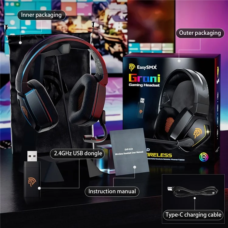 Auriculares Bluetooth Inalámbricos Easysmx C07W Con Auriculares de Juegos USB de 2.4GHz de 2.4GHz Para PC, PS5, PS4