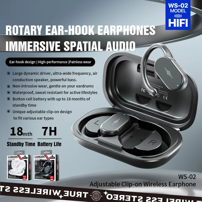 WEKOME WS-02 Rotary Ear Hook Bluetooth-compatible Earphones Waterproof Wireless Sports Headphones - White