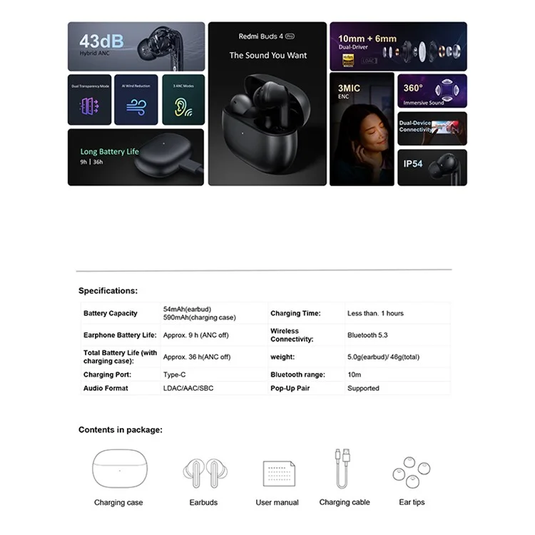 XIAOMI Redmi Buds 4 Pro Auriculares inalámbricos Bluetooth 5.3 con reducción de ruido de 3 micrófonos In-Ear (Versión Global) - Negro