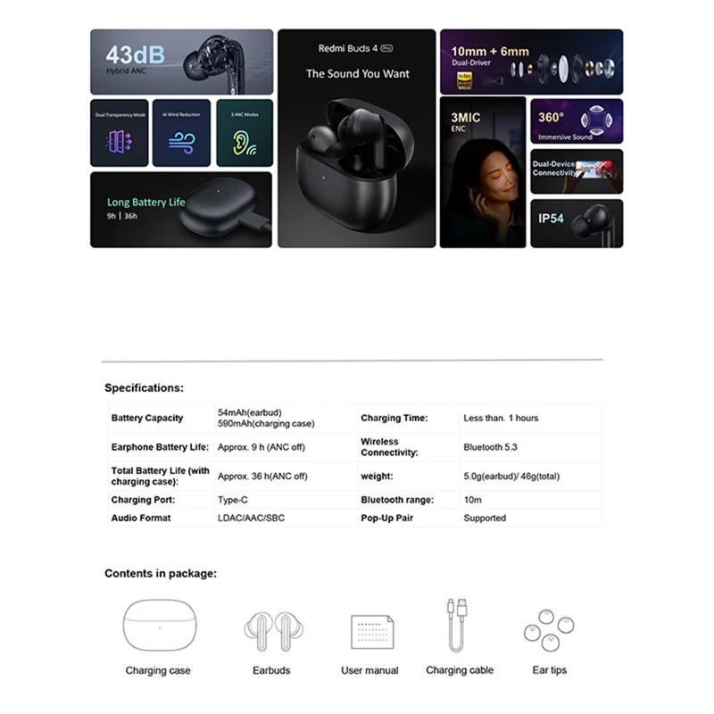 XIAOMI Redmi Buds 4 Pro Wireless Bluetooth-compatible 5.3 Earbuds 3-mic Noise Reduction In-Ear Headphones (Global Version) - White