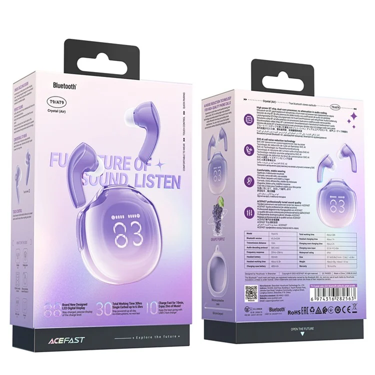 Беспроводные наушники-вкладыши Acefast T9 AT9 Crystal Color (Air) с шумоподавлением, цифровым дисплеем и зарядным чехлом - фиолетовые
