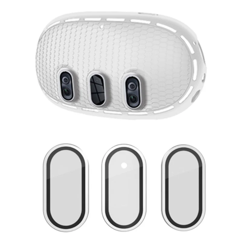 For Meta Quest 3 Silicone Case + Titanium Alloy Tempered Glass Lens Film VR Headset Accessories - Light Grey / Silver