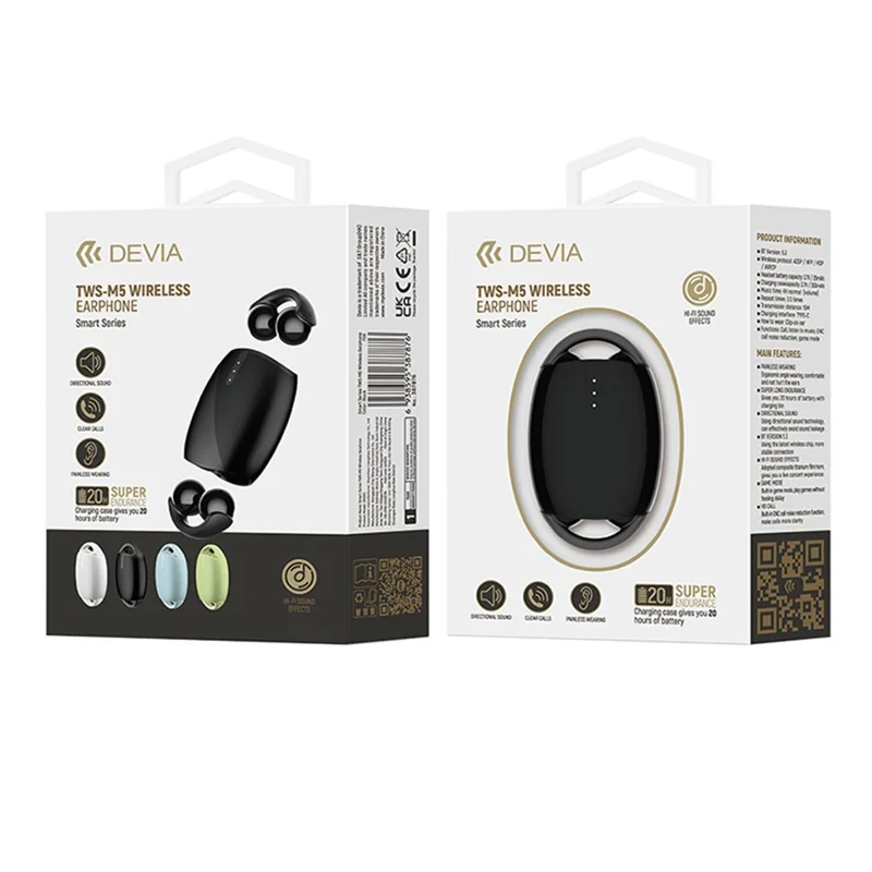 DEIVA Smart Series TWS-M5 EM031 Auricolari wireless con clip per l'orecchio, cuffia stereo Bluetooth - Nero