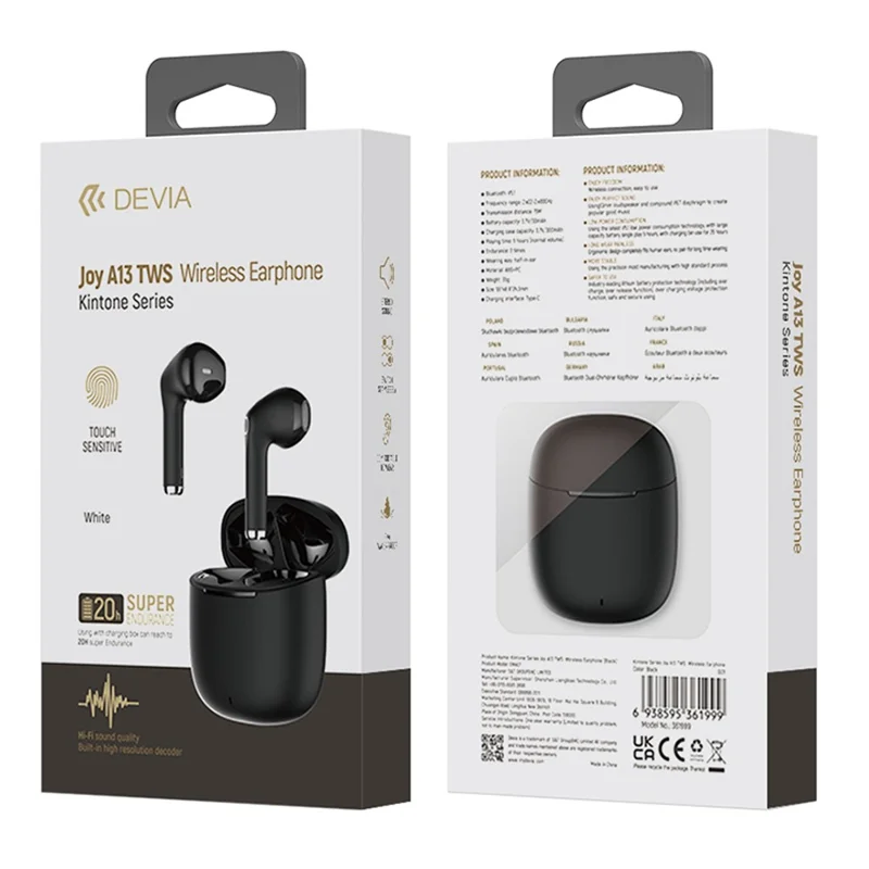 DEVIA Kintone Series Joy A13 TWS Wireless Earphones Touch Sensitive Bluetooth-compatible Headphones - Black