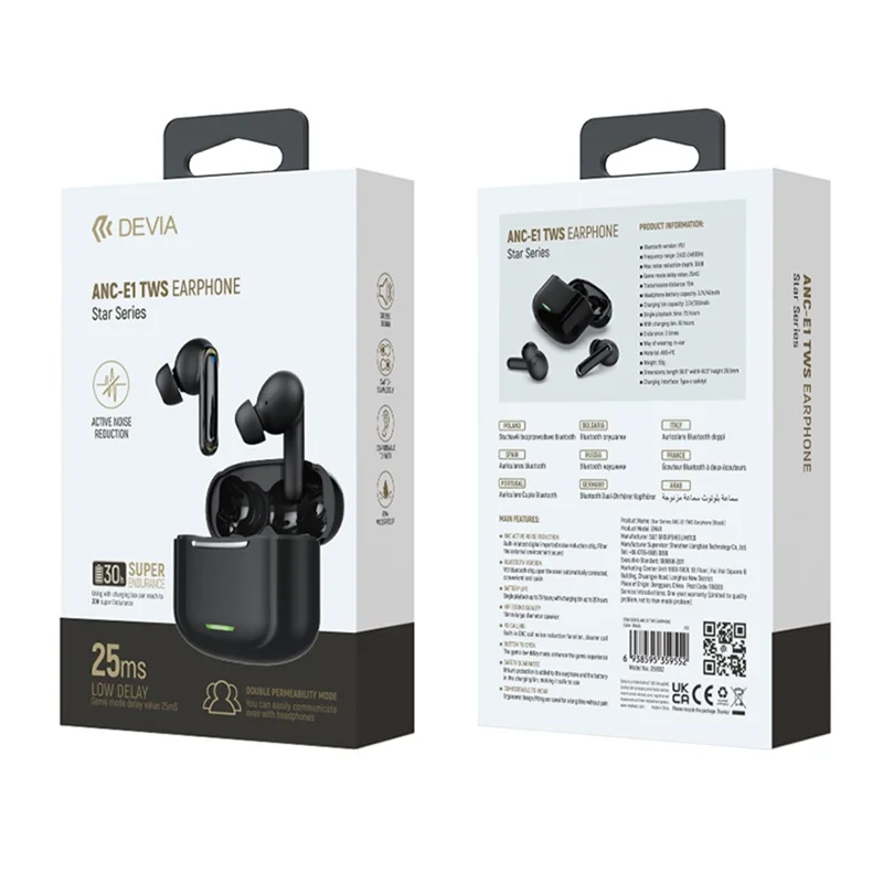 DEIVA Star Series ANC-E1 TWS Earphone ANC Active Noise Reduction HD Call Bluetooth-compatible Wireless Earbud - Black