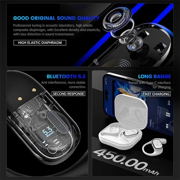 Y30 ENC Noise Canceling Hook Headphones Low Latency OWS Bluetooth-compatible Earphones - Black