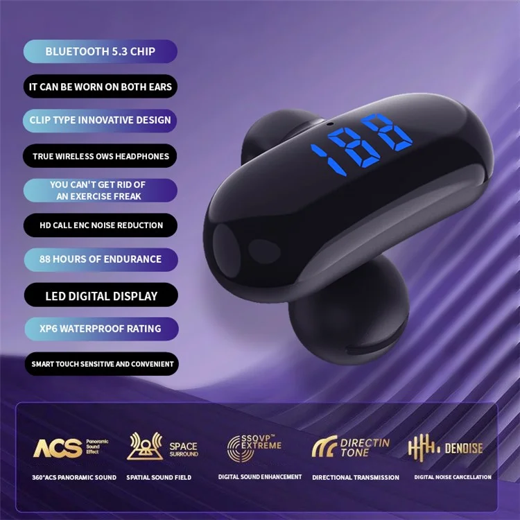 Bluetooth-наушники с зажимом для уха F20 с цифровым дисплеем и беспроводной музыкой - черные