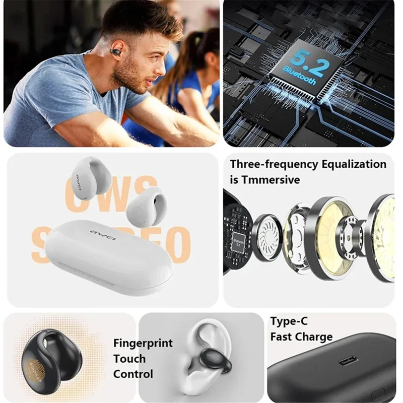 AWEI TZ2 OWS Bluetooth-compatible Earphone Ear Clip Music Calling Headset - Black