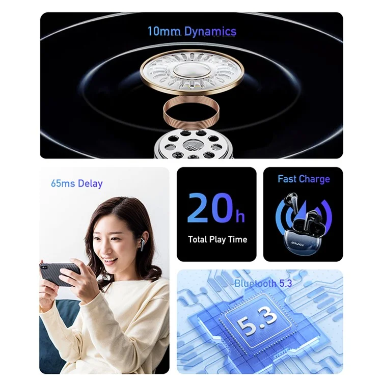 AWEI T62 ENC Wireless Bluetooth-compatible Earbuds with Mic - Hi-Fi Stereo Sport TWS Earphones