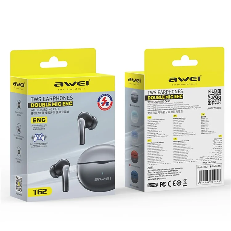 AWEI T62 ENC Wireless Bluetooth-compatible Earbuds with Mic - Hi-Fi Stereo Sport TWS Earphones