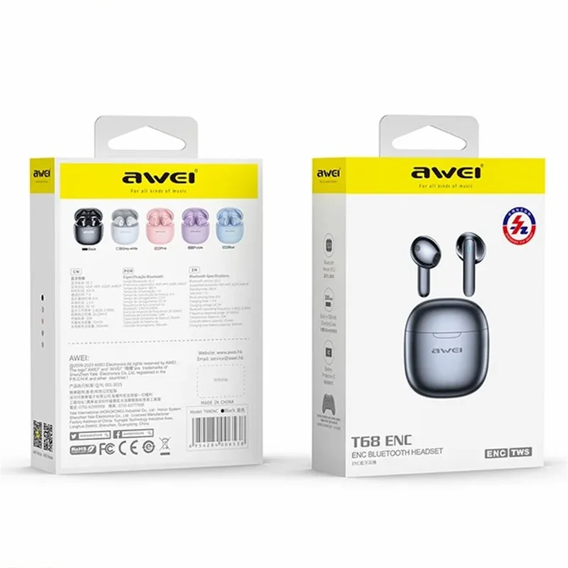 AWEI T68 4 Mic ENC Noise Canceling Bluetooth-compatible Headset HiFi Sound Earphones - Pink